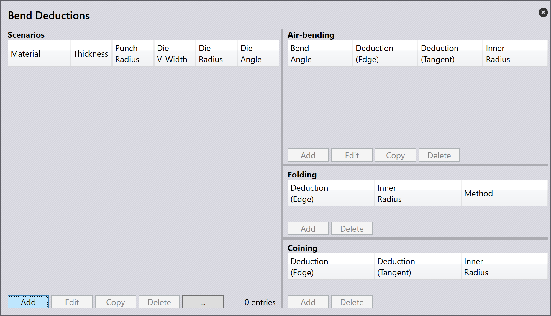 Bend Deductions dialog