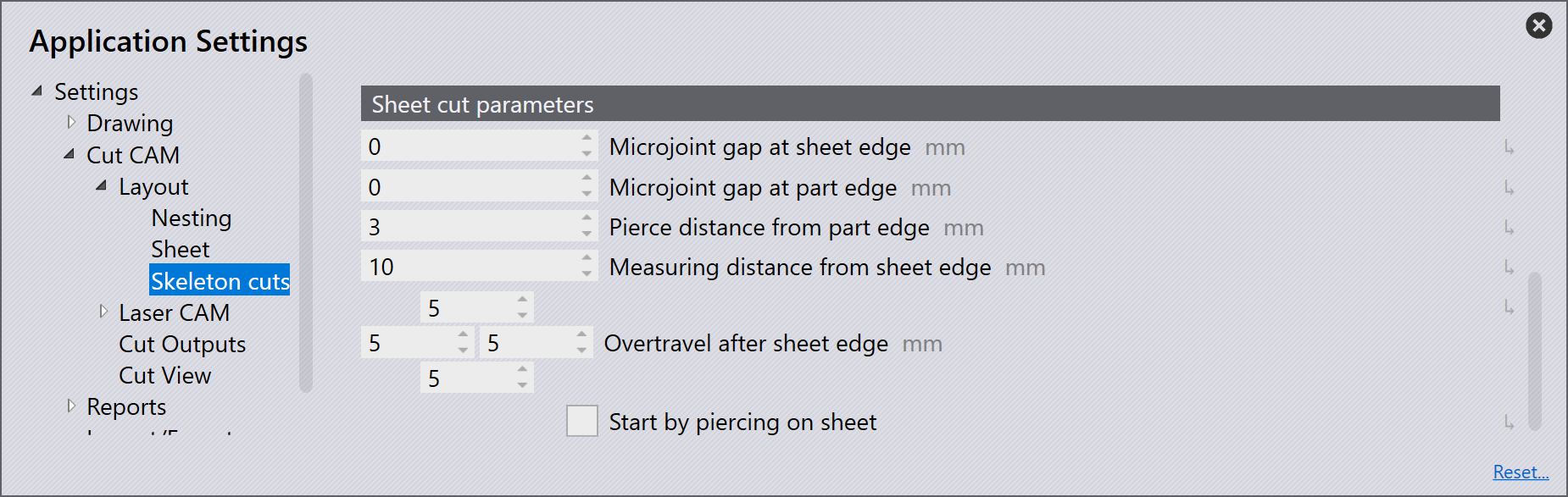 Sheet cut parameters