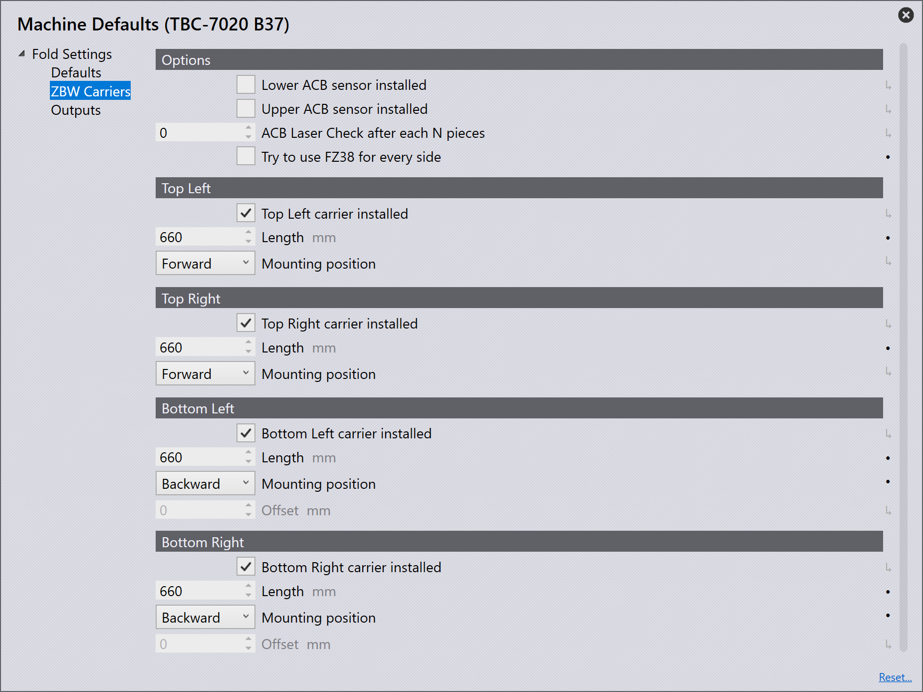 ZWB carriers in Machine defaults