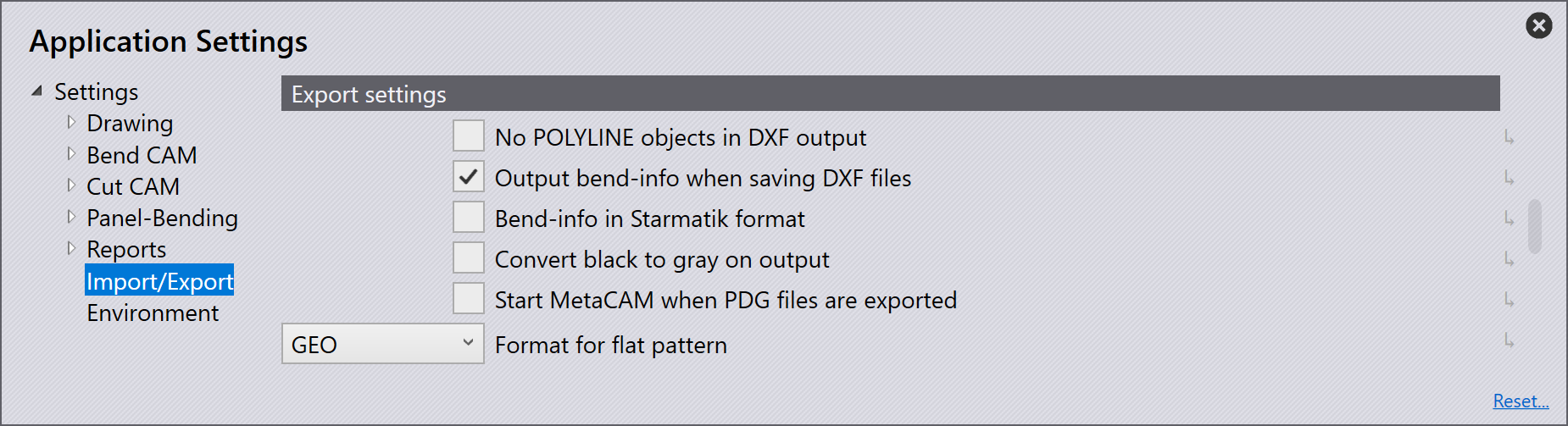 Export settings